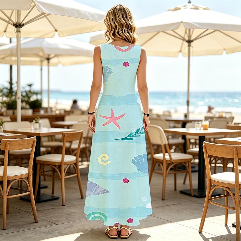 Women's Fashionable Ocean Theme Sleeveless Maxi Dress Summer Beach Vacation Versatile Comfortable Dress for Adult Women Daily Wear