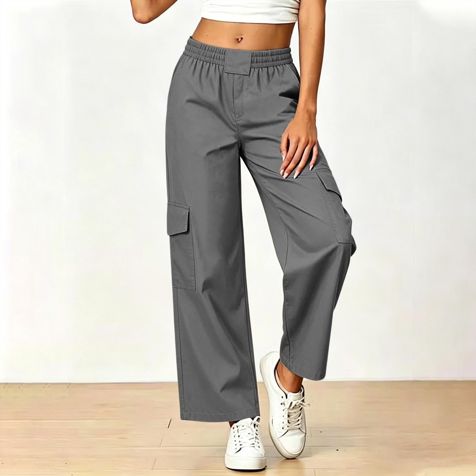 Women s Loose Fit Wide Leg Cargo Pants Elastic Waistband Casual Long Trousers with Side Pockets and Belt Loop Detail XXL
