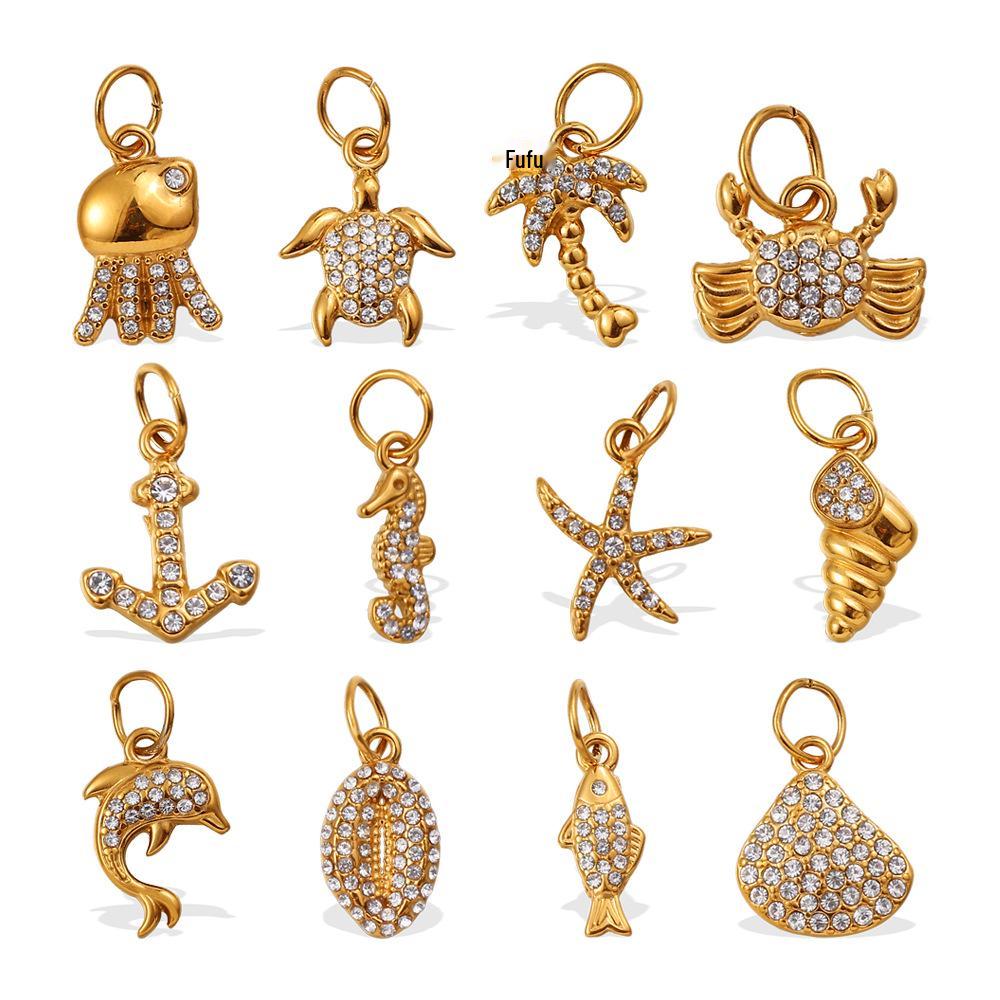 Diamond-Studded Dolphin & Starfish Stainless Steel Pendant - Cute Ocean Animal Jewelry Accessory
