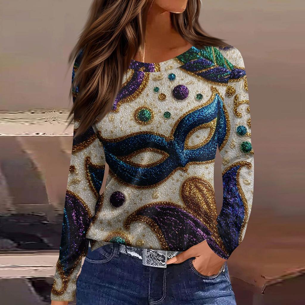 Women's Fashionable Casual Neck Long Sleeve Hem Split Carnival Print T-Shirt Top