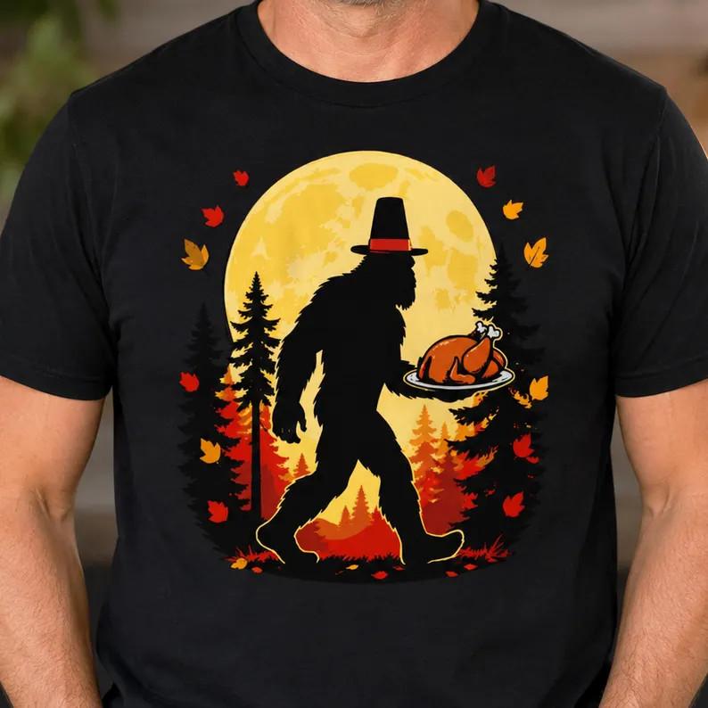 Bigfoot Pilgrim Turkey Pumpkin Thanksgiving Shirt Sasquatch Holiday Tee