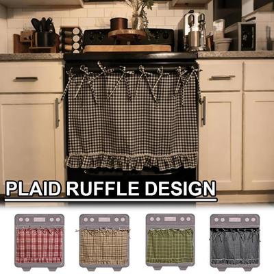 Farmhouse Oven Skirt 1Pc Ruffled Ribbon Tie Oven Curtain Gingham Plaid Stove Cover 30x21.5Inch Cotton Blend Fabric Kitchen Decor