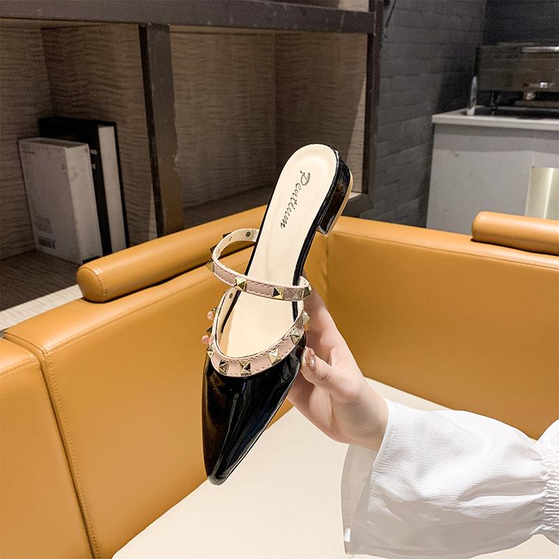 2025 Summer New Bag Head Low Heel Cool Slippers Women's Pointed Fashion Internet Celebrity Versatile Korean Version Willow Nail Half Tray Shoes