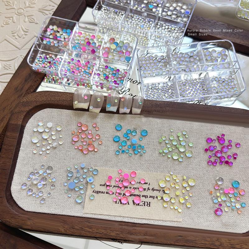 Colorful Mermaid Bubble Bead Half Round Flat Bottom Shiny Aurora Size Mixed Candy Color Nail Art Accessories Decoration Manicure