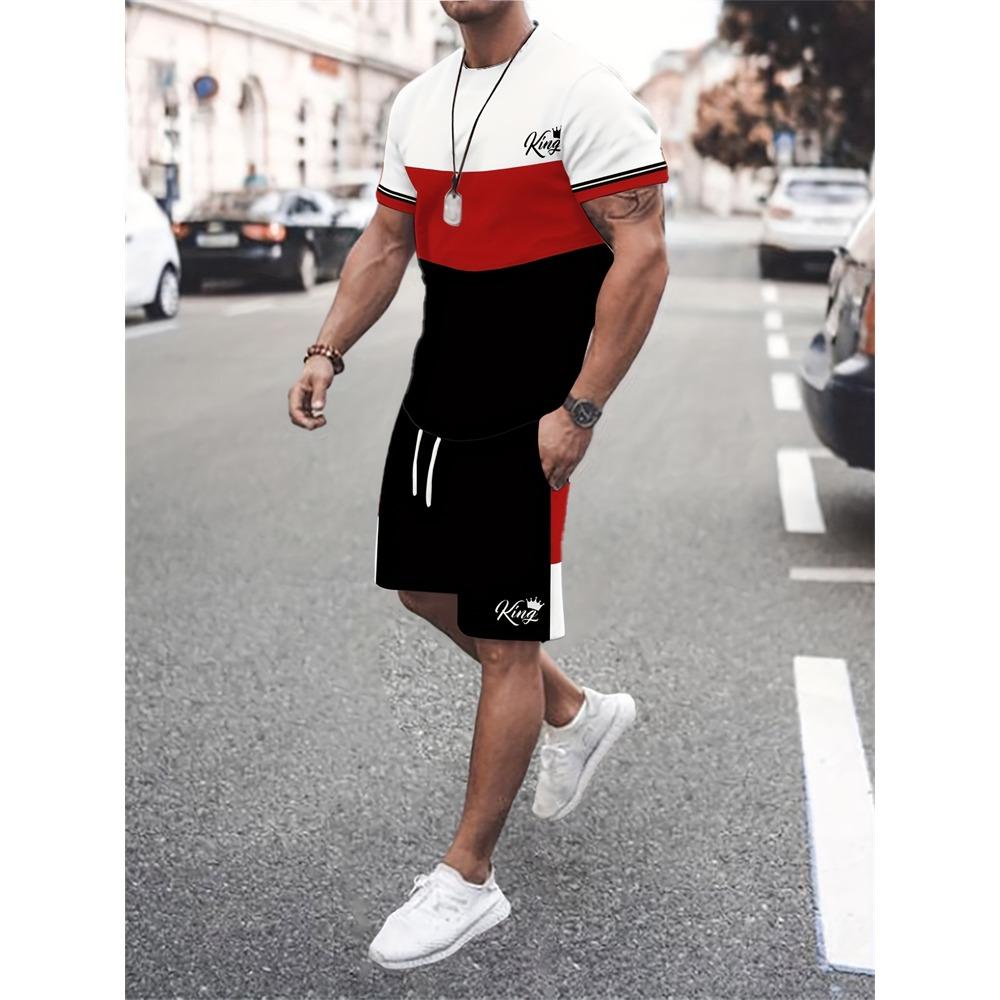 New Men's Short-Sleeve Athletic Shorts Set Crew Neck T-Shirt With Drawstring Shorts Stylish Streetwear Two-Piece Set
