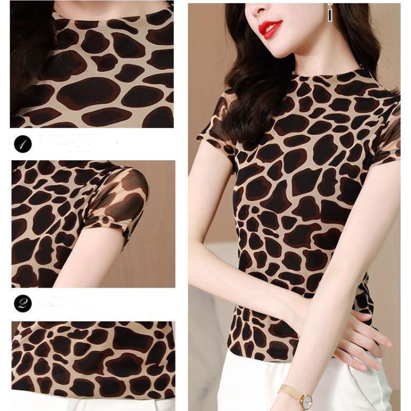 Mesh Bottoming Shirt Women's Short Sleeve Top Summer New Round Neck T-shirt Elastic Thin Print Blouse