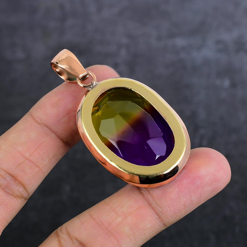 Bi-Color Tourmaline Gemstone Handmade Copper Jewelry Pendant 2.21" I5z76