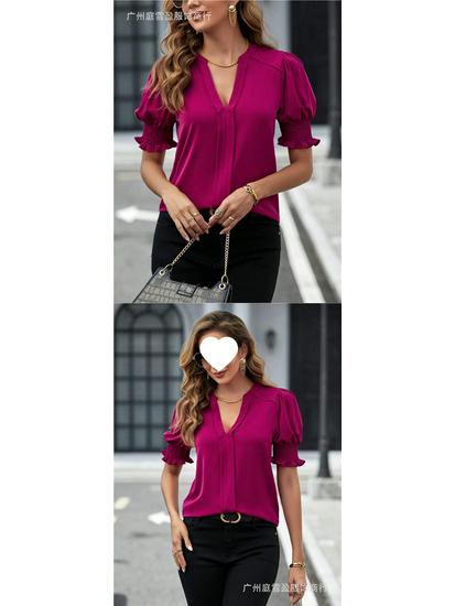 Women's Summer V-Neck Puff Sleeve Solid Color Top
