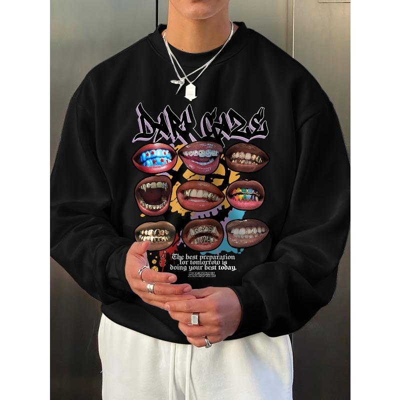 Men's Fashion Creative Lips Print Alphabet Pattern Casual Sweatshirt - Crew Neck Long Sleeve Active Pullover with Slight Stretch and Knit Fabric