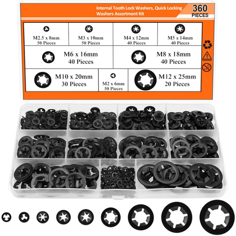 360Pcs Internal Tooth Star Lock Washers 2/2.5/3/4/5/6/8/10/12mm Quick Speed Locking Washers Retaining Clips Fasteners H4GE
