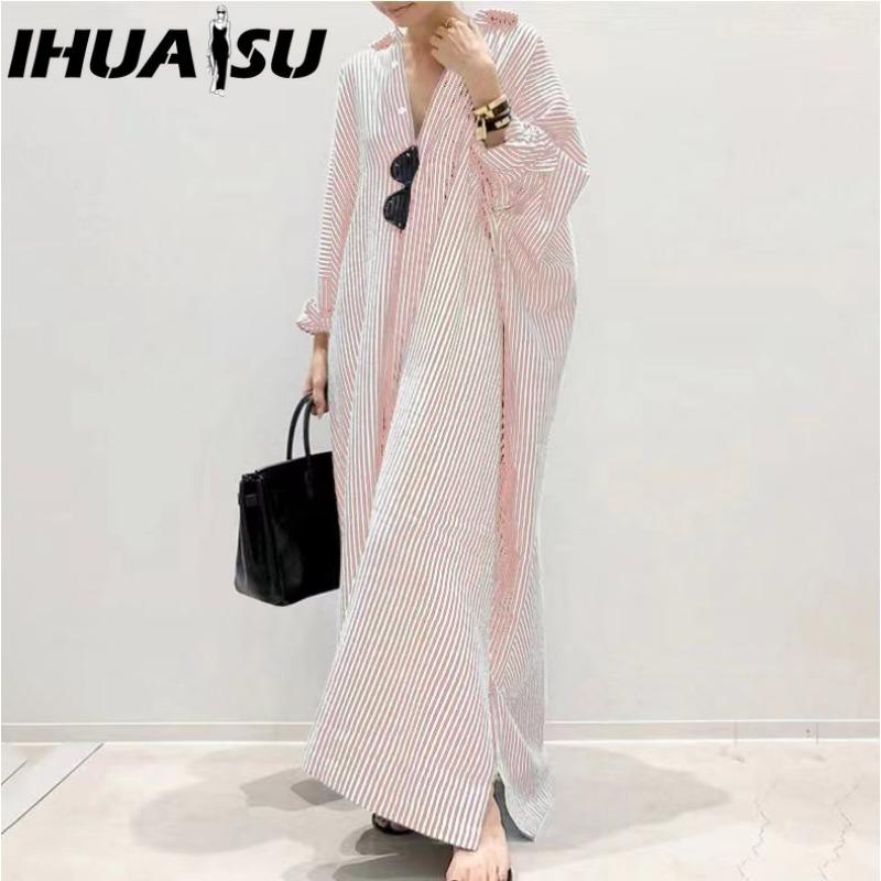 

IHUASU Корейский стиль Женское платье-рубашка макси с длинным рукавом на пуговицах в полоску, повседневное XXXXXL розовый