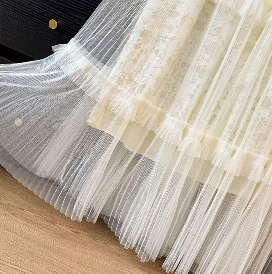 Women's Fairy Embroidered Mesh Midi Skirt - High Waist, Slimming, Fluffy Cake Design for Autumn/Winter
