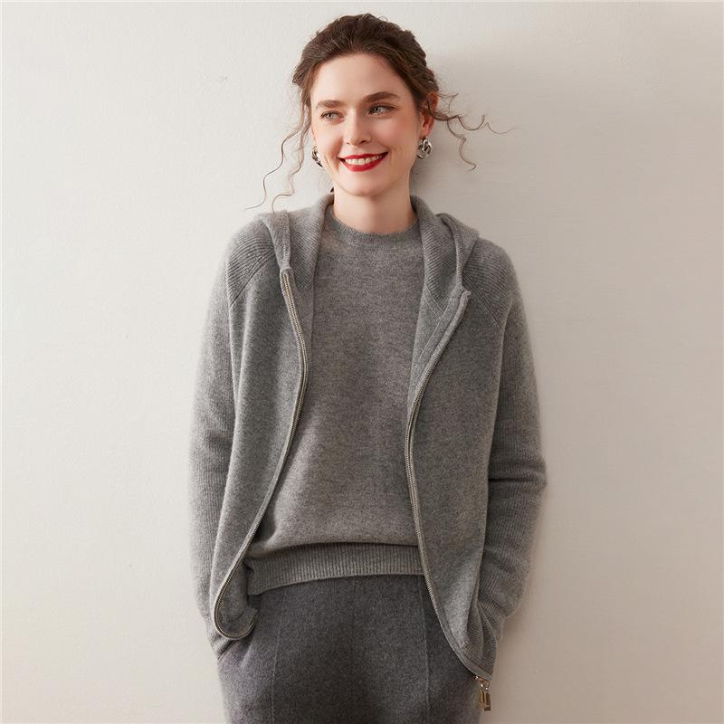 Women's Hooded Double Zipper Cashmere Sweater - Autumn/Winter Solid Color Knit Cardigan, Long Sleeve Casual Commute Style