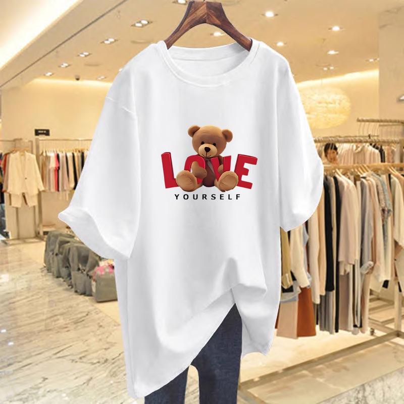 Women's Summer Bear Print Cotton T-Shirt - Korean Style, Loose Fit, Short Sleeve