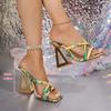 Fashion Printed Strange Heeled Sandals Women 2025 Summer Square Toe 10cm High Heel Slippers Woman Cross Strap Party Dress Shoes