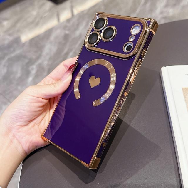 For For Iphone 17 Air Pro Max  Plating Love Heart Frame  Magnetic Phone Case For For Iphone 13 14 15 16 Plus Back Cover