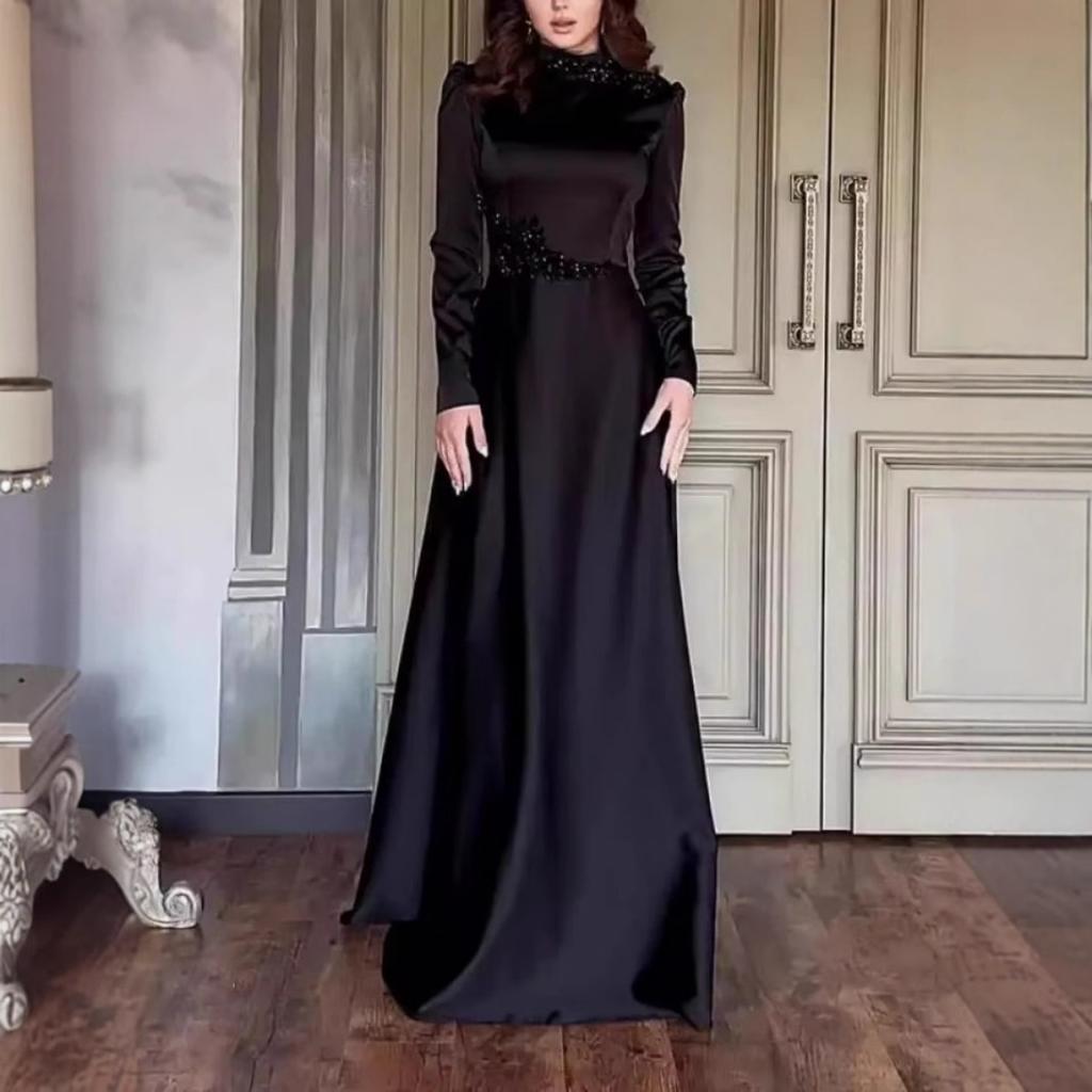 Spring Summer New European American Solid Color Long Sleeve Slim Lace Trim Retro Elegant Party Dress Gown