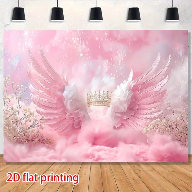 2D Printed Pink Angel Wings Backdrop with Crown & Flowers for Baby Shower and Princess Photography