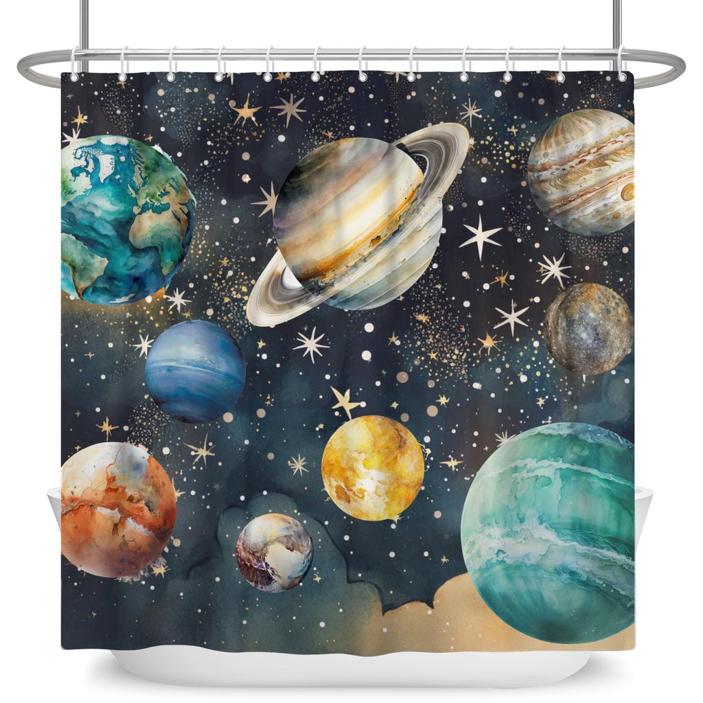 Space Galaxy Planet Shower Curtain Cartoon Astronaut Solar System Waterproof Bath Curtain For Bathroom Decor Polyester With Hook