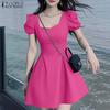 ZANZEA Summer Women Square Collar Short Sleeve Slim Waist Casual A-line Dress
