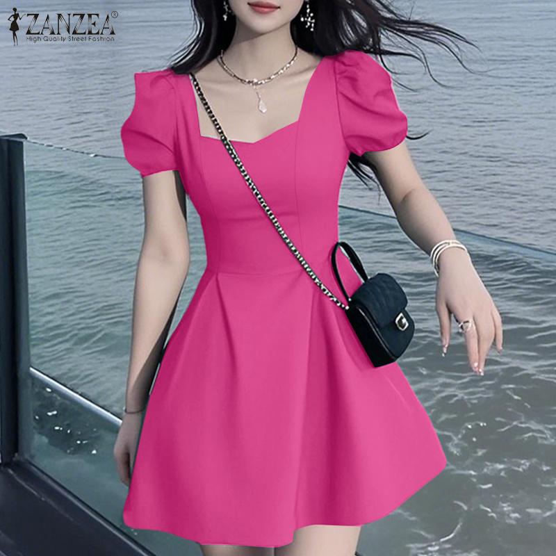 ZANZEA Summer Women Square Collar Short Sleeve Slim Waist Casual A-line Dress