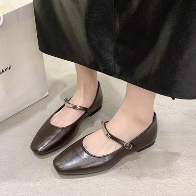 Scarpe Mary Jane da Donna in Pelle di Alta Qualità con Fibbia, Ballerine da Donna a Punta Quadrata, Piatti in Pelle Bovina, Scarpe Singole da Donna 2025