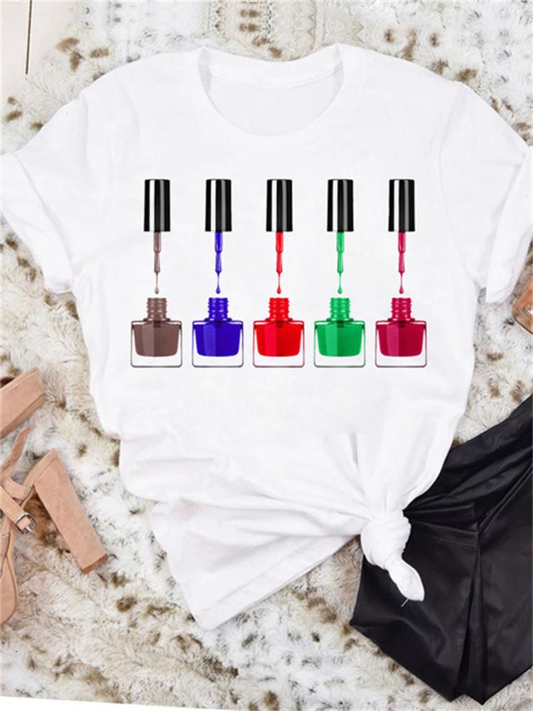 Maycaur New Nail Polishl Women's Fashion Tops 90s Girls Streetwear Casual Short Sleeve T-shirts Women's T-shirts Female Tops Tee
