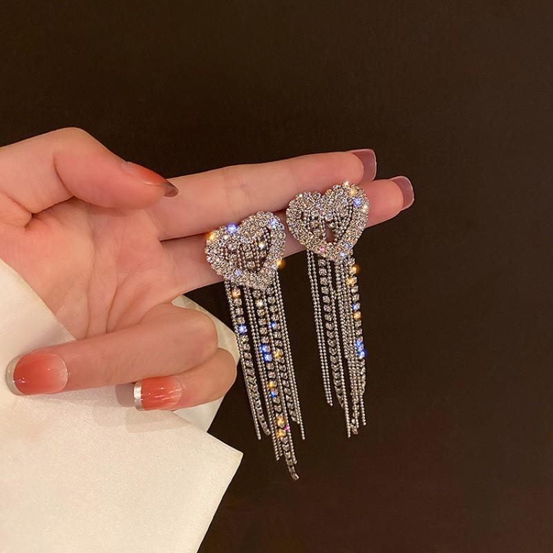 Luxury Heart Drop Earrings Women's Fashion Rhinestone Crystal Chain Long Tassel Earrings Wedding Party Zircon Accessories