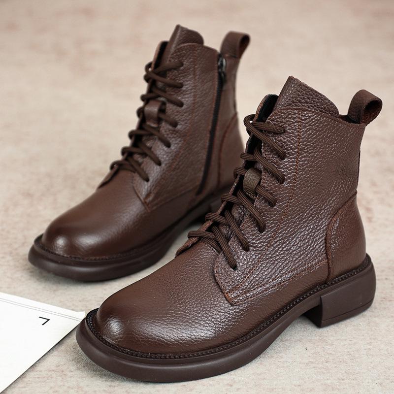 Damskie buty Martin w stylu brytyjskim: Skóra bydlęca licowa, Okrągły nosek, Sznurowane, Niskie, Prawdziwa skóra, Plus aksamit, Miękka podeszwa, Zimowe botki.