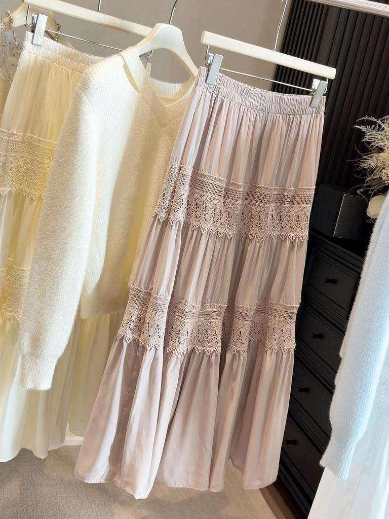 French Chic Hollow Lace Splicing High-Waisted A-Line Skirt - Women's Early Spring Casual Slim Fit