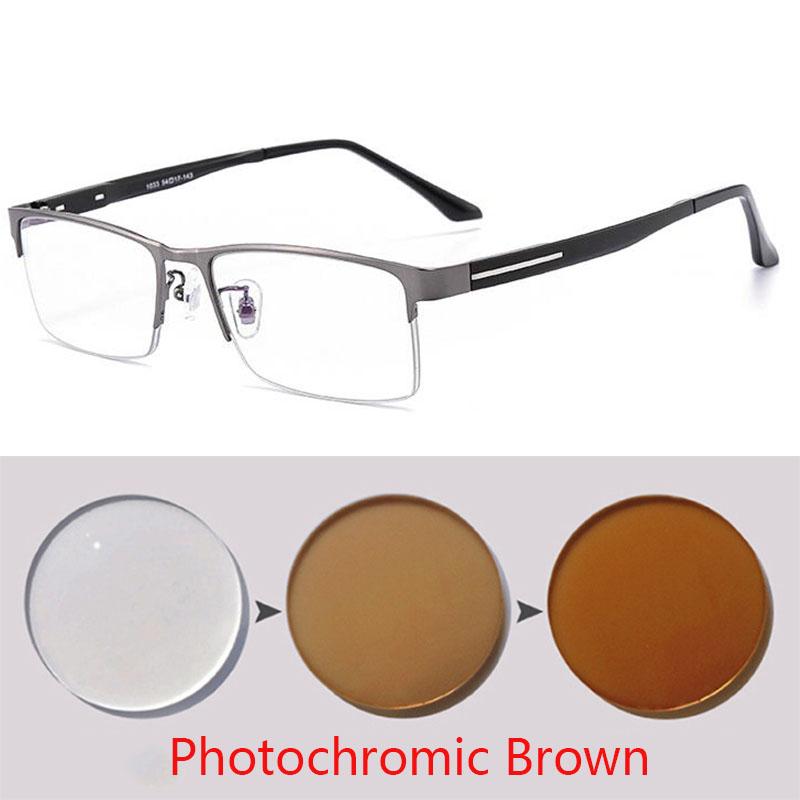 Men's Outdoor Shade Semi-Rimless Photochromic Gray Square Prescription Eyeglasses Metal Shortsight SPH 0 -0.5 -0.75 -1.0 TO -6.0