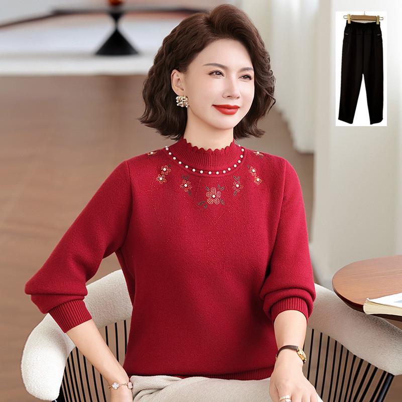 Fleece-Lined Red Winter Sweater for Mother's Zodiac Year - Mid-Aged Women's Half-High Collar Base Layer