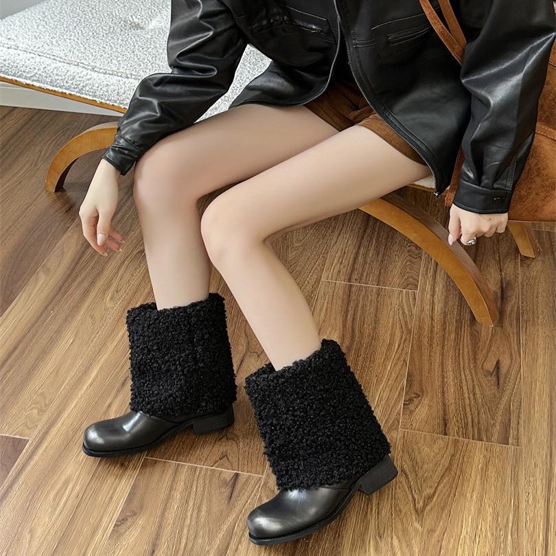 British high-heeled small leather shoes women's shoes 2025 winter new square head thick heel versatile plush shoes women's single shoes