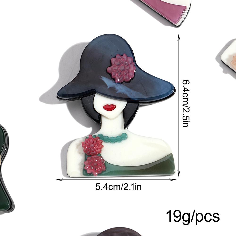 Acrylic Graceful Flower-Hat Lady Figure Brooches for Women Trendy 6-Color Resin Girl Badge Pins Jewelry Clothes Accessories Gift