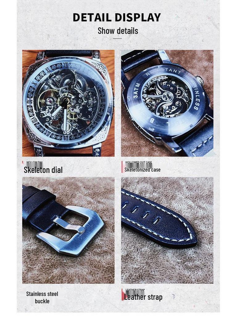Herren Skelett Automatische Mechanische Uhr, Geprägtes Edelstahl