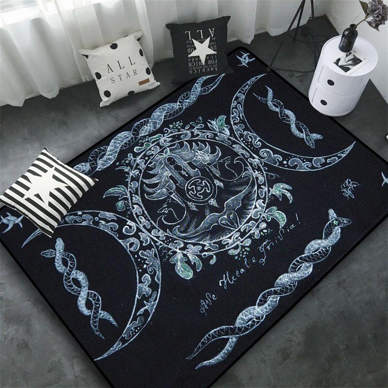 Triple Moon and Pentagram Altar or Tarot Witchy Floor Mat Black Witch Rug Gothic Decor Phases Divination Runic Carpet