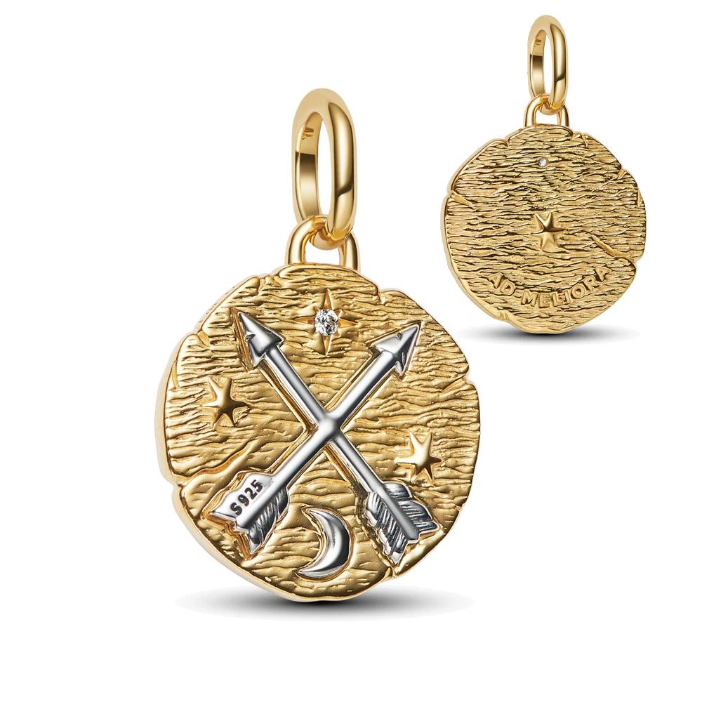 New Golden Round Medallion Pendant with Crossing Arrows Charm for Original Pan Bracelets DIY Jewelry Gift for Women