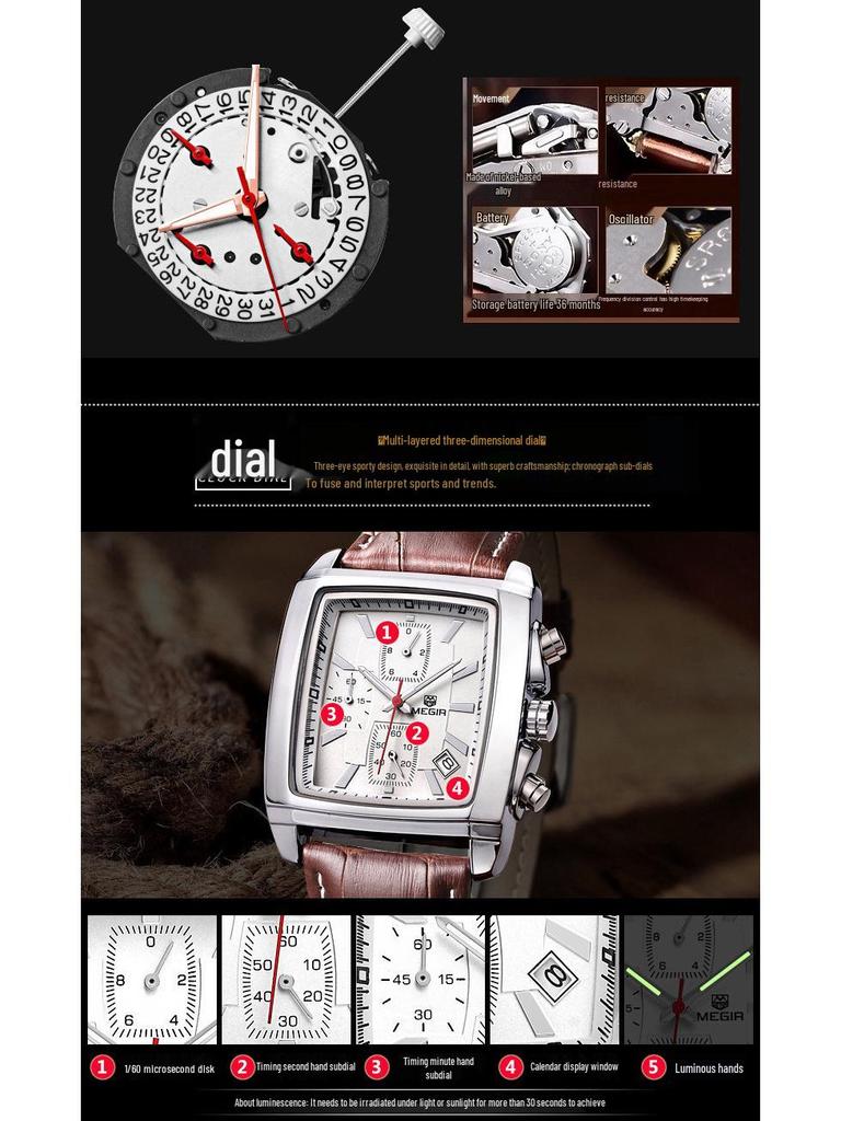 Megir 2028 Fashionable Retro Men's Chronograph Square Leather Watch