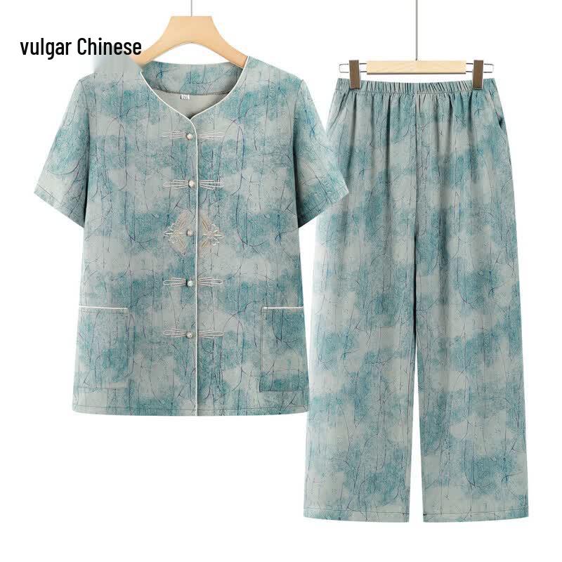 Elderly Women s Summer Short Sleeve Shirt Set 3XL