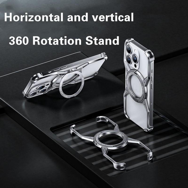 For iPhone 16 15 14 Pro Max Phone Case 360 Rotating Bracket Magnetic Rimless Metal Aluminum Alloy Shockproof Protection Cover