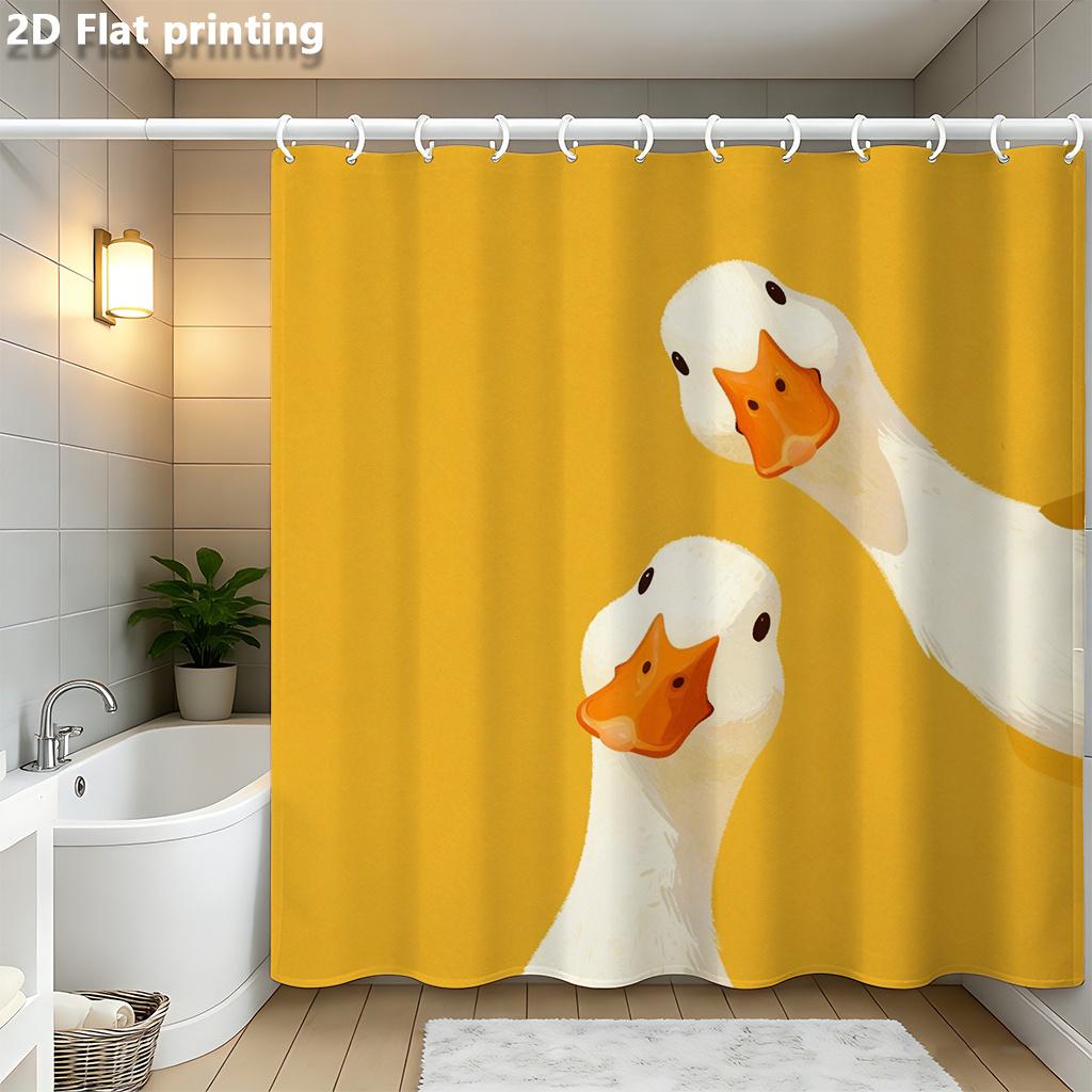 

Cute Duck Couple Shower Curtain Waterproof Easy To Clean Privacy Protection Print Yellow Background Cartoon Animal Design Fun W60H190(CM)-1 Pcs