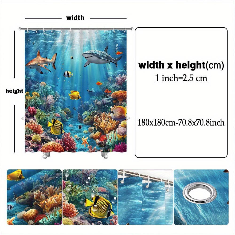 Vibrant Underwater Marine Life Shower Curtain - Sharks, Coral Reef,Colorful Corals,Striped Fish, Polyester,Majestic Shark Design