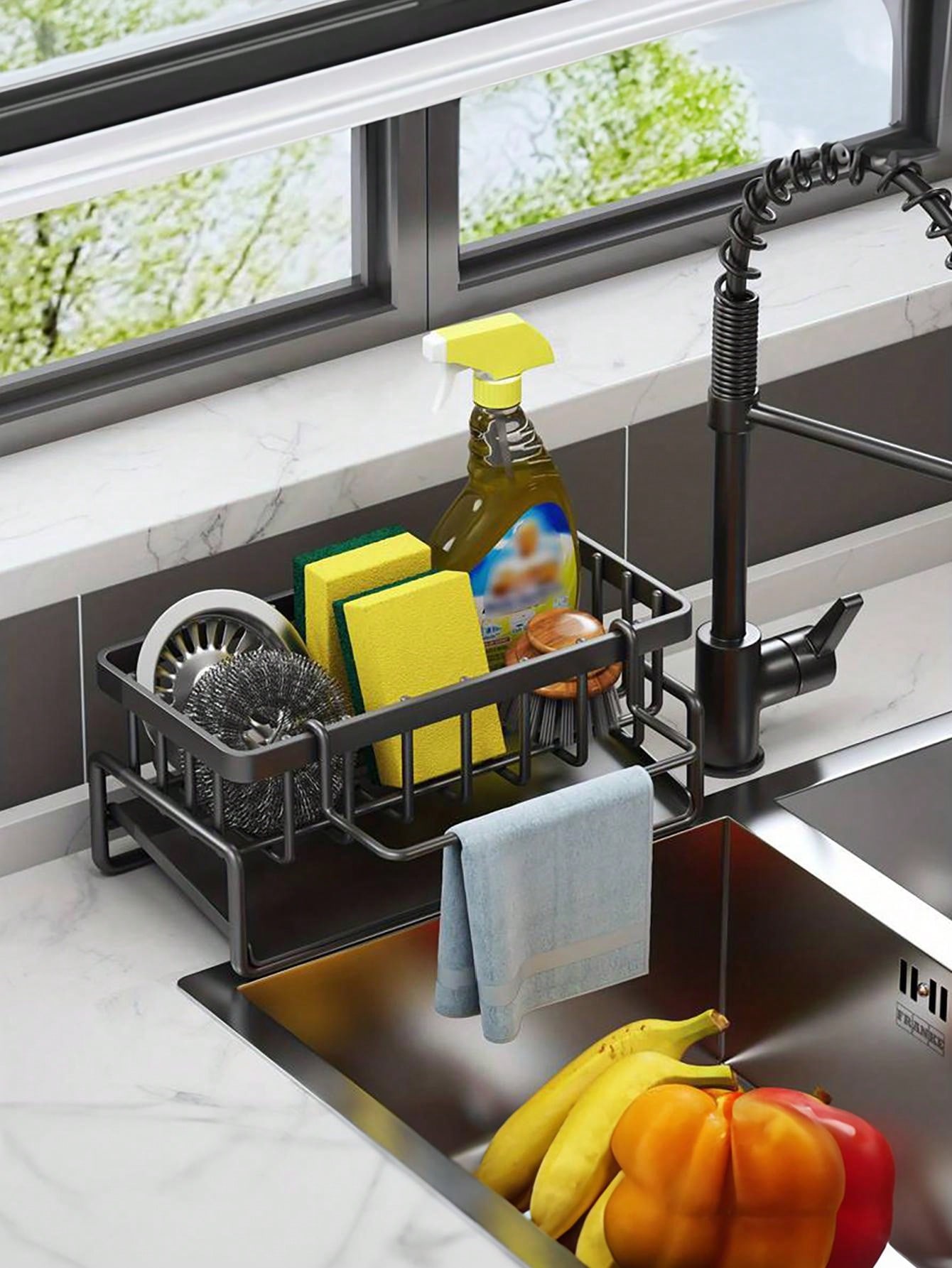 

Подставка для сушки губок с держателем для кухонной тряпки, Подставка для хранения из нержавеющей стали для губок, средства для мытья посуды, кухонных тряпок, щеток, кухонный органайзер для столешницы one-size чёрный