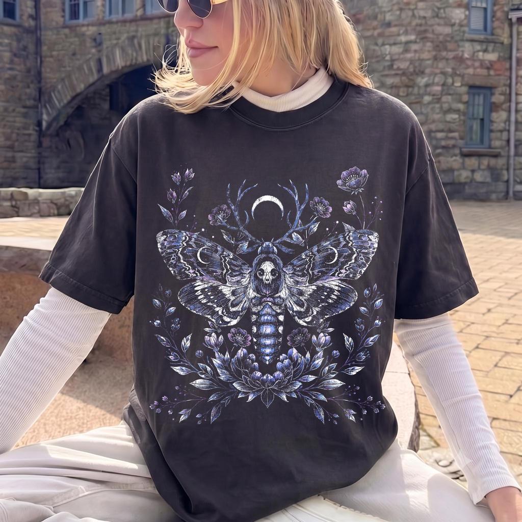 Witchy Celestial Moth Shirt, Skull Antlers Tee, Crescent Moon Flowers, Gothic Nature Top
