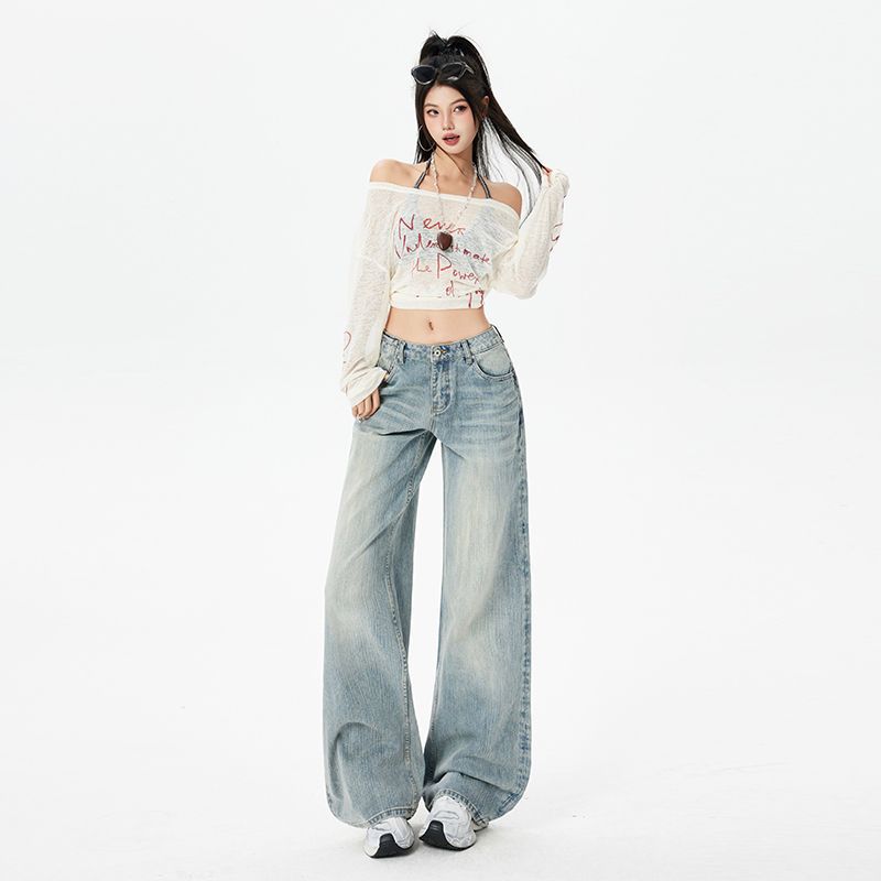 Spring Summer Distressed Light Slub Mid Low Waist Straight Floor Wide Leg Denim Pants For Women Casual Pants Oversize Denim Trousers