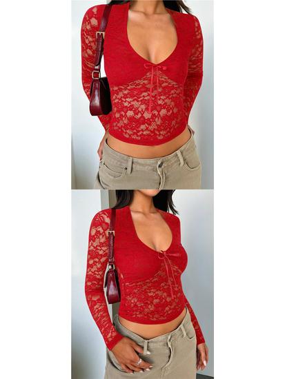 Spring/Summer European-American Sexy Slim Fit Hollow Out Long Sleeve Lace Top