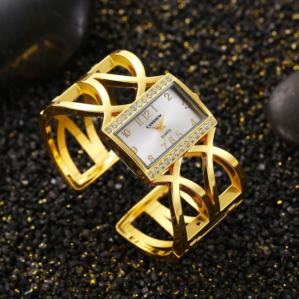 CANSNOW Rechteckige Damen-Armbanduhr Gold Silber Armreif Uhren für Damen Strass Stahlarmband Quarz Modeuhr für Damen
