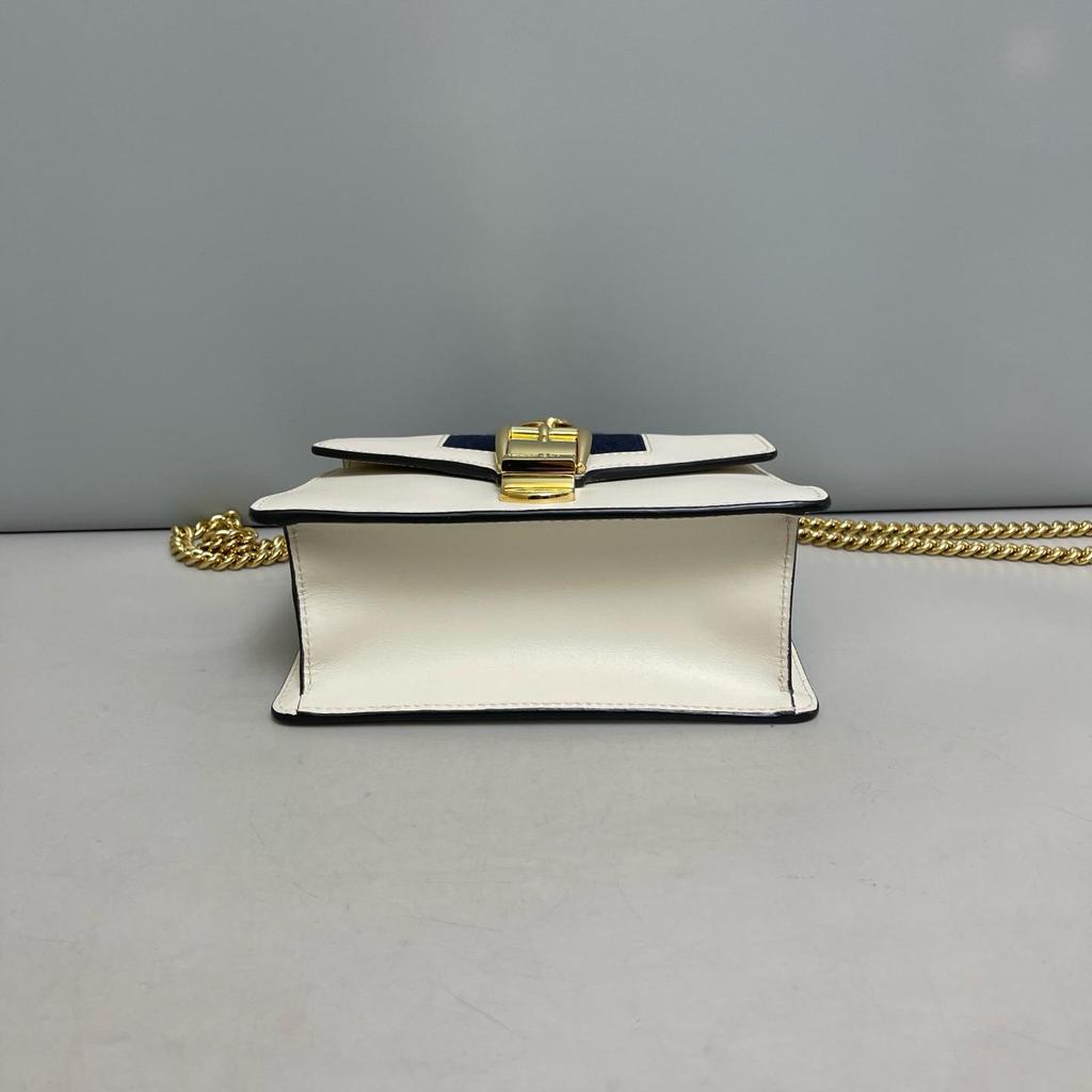 [Pre-Owned] Sylvie Gold Buckle Striped Web Leather Mini Tote Shoulder Crossbody Bag - Very Good #1RRR24U