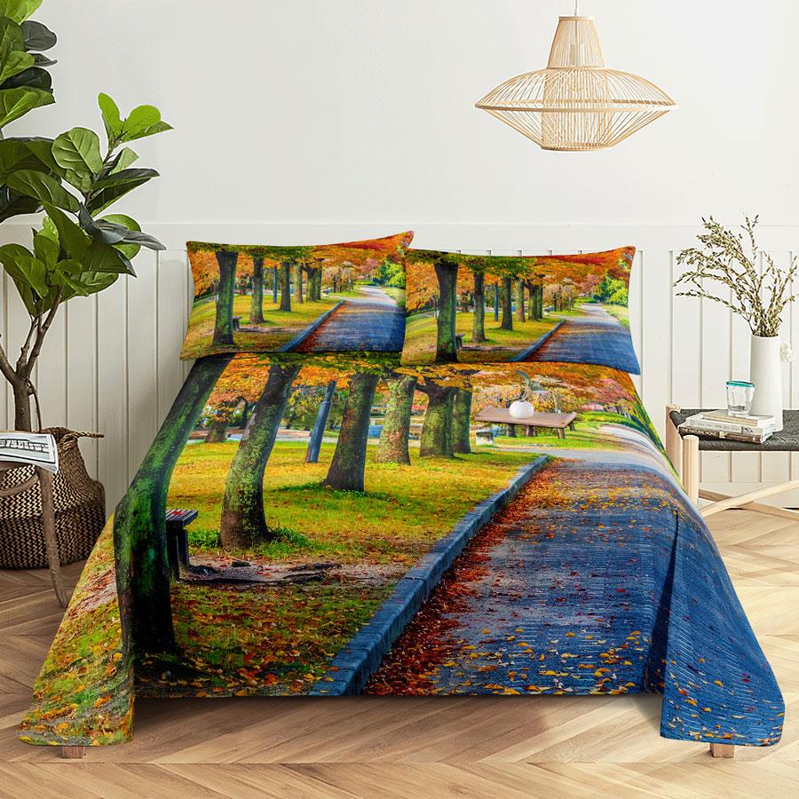 Scene Bed Sheet and Pillowcase Set Bedding Linens Cover Queen King Double Size 220x240 Trees for Bedroom Soft Twin Full Single