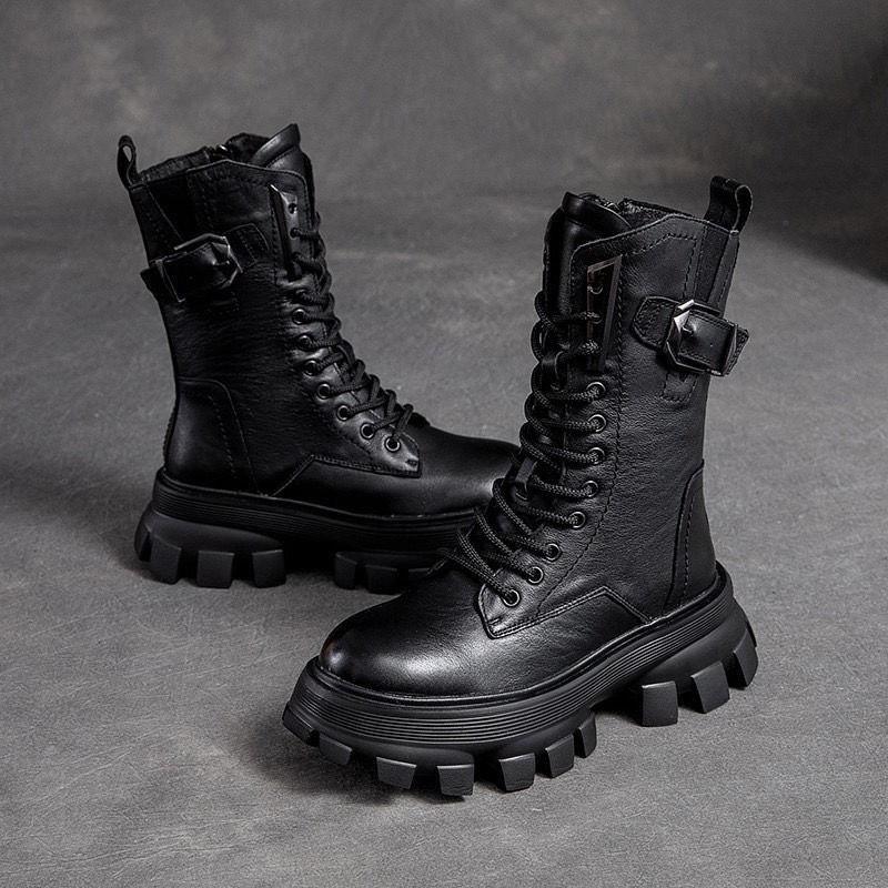 Fashion Autumn Winter Fleece-Lined Round Toe Leather Platform Ladies Mid Calf Shoes Chic and Elegant with Laces Women's Half High Boots